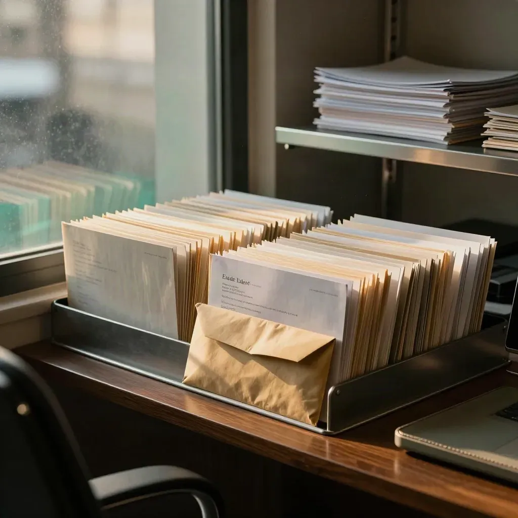 Steel folders and a courier envelope by frosted glass in a warm office corner