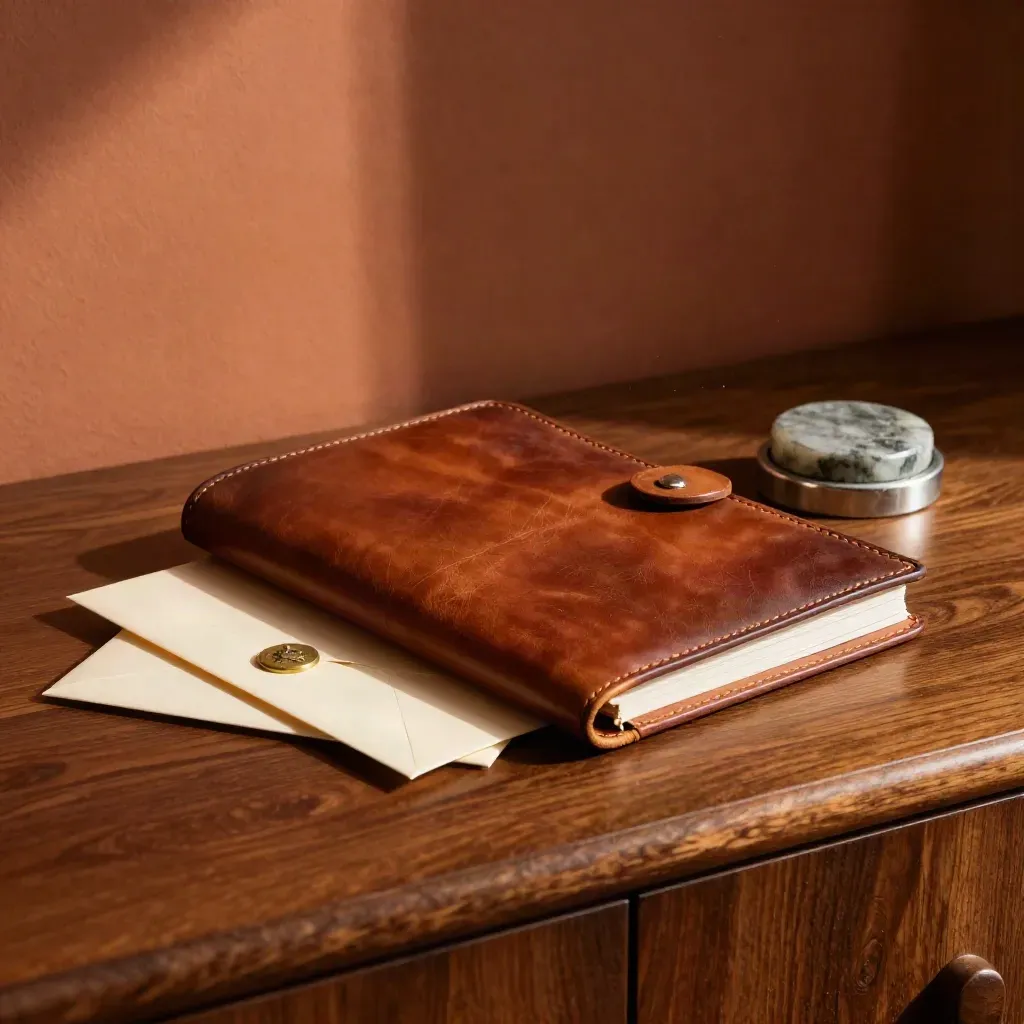 Leather folio, offer envelope, brass seal and stone paperweight on a warm credenza.