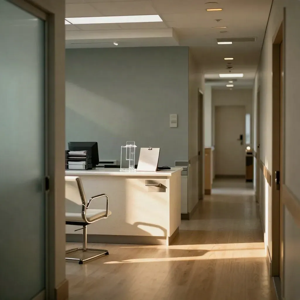 Empty clinic reception set before opening, with file trays, waiting chairs, and warm morning light.