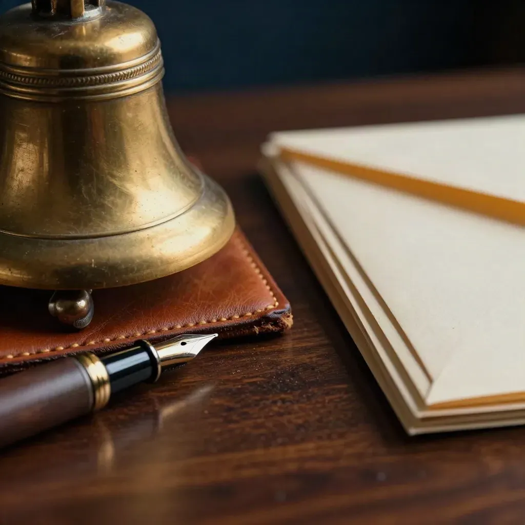 Macro still life of recruiter tools: brass bell, leather folio, nib, and sealed envelopes on walnut.