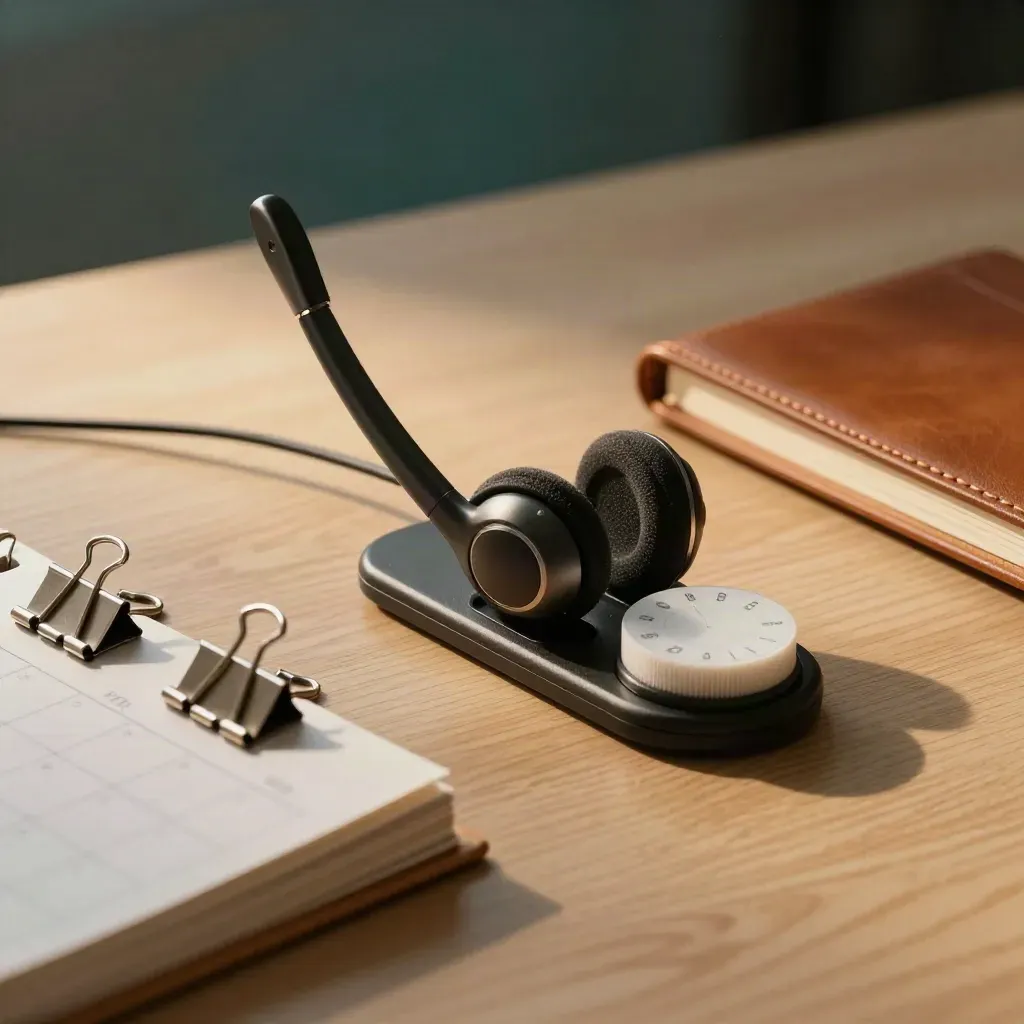 Headset cradle, planning wheel, file clips, and notebook on pale oak in warm side light