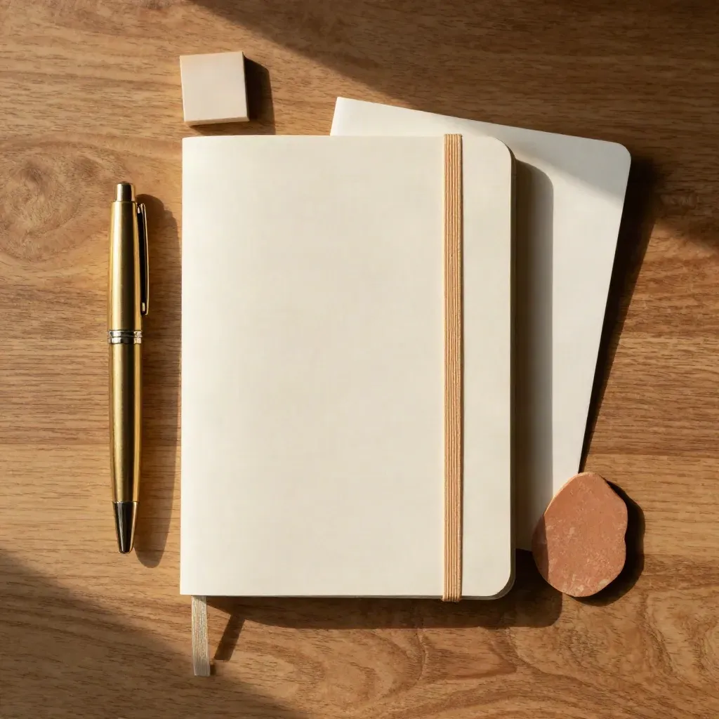 Top-down still life of a closed notebook, brass pen cap, cube, and stone swatch on warm oak.