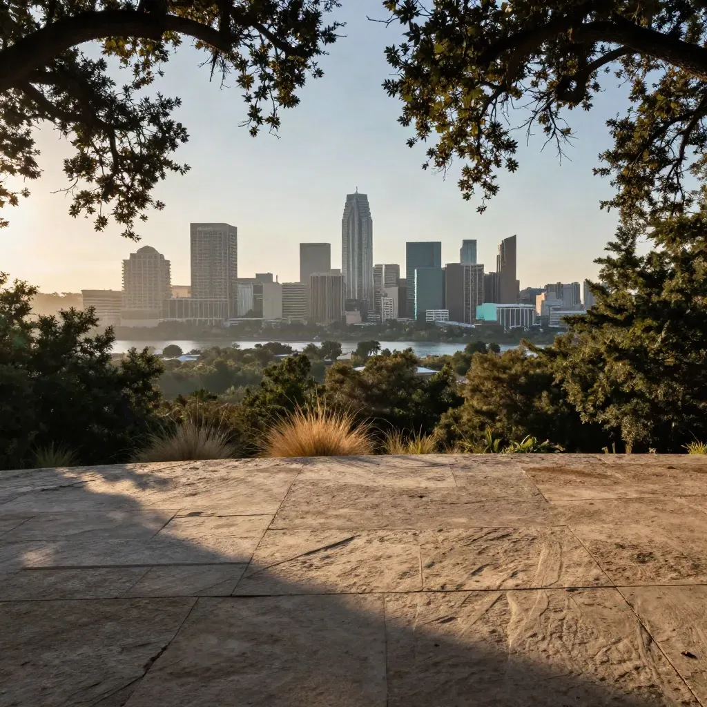 Austin skyline above limestone overlook, live oaks, and hazy sunrise light