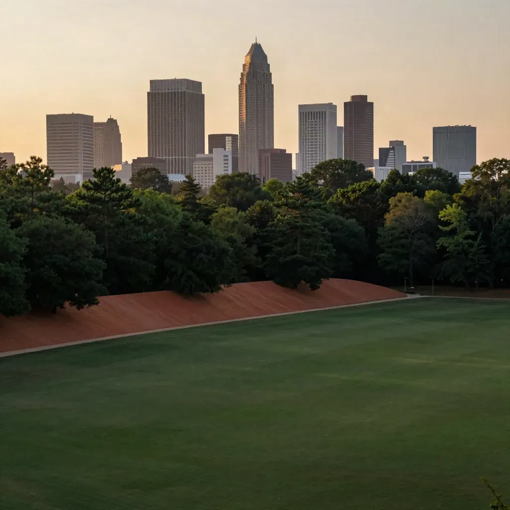 Atlanta skyline above humid pine-green haze, calm lower field for headline copy